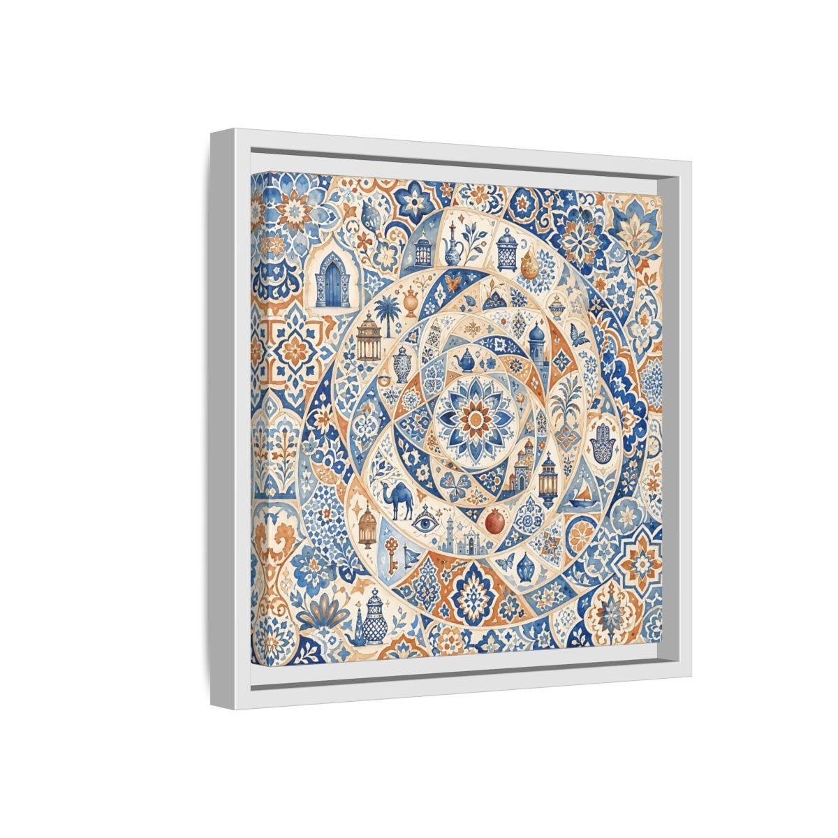 Abstract Moroccan Motifs Blue And Orange Framed Canvas Print Wall Art – Living Room Decor, Above Fireplace - YesArtYes