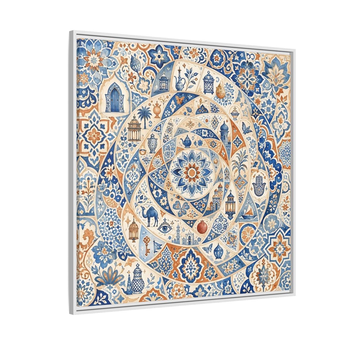 Abstract Moroccan Motifs Blue And Orange Framed Canvas Print Wall Art – Living Room Decor, Above Fireplace - YesArtYes