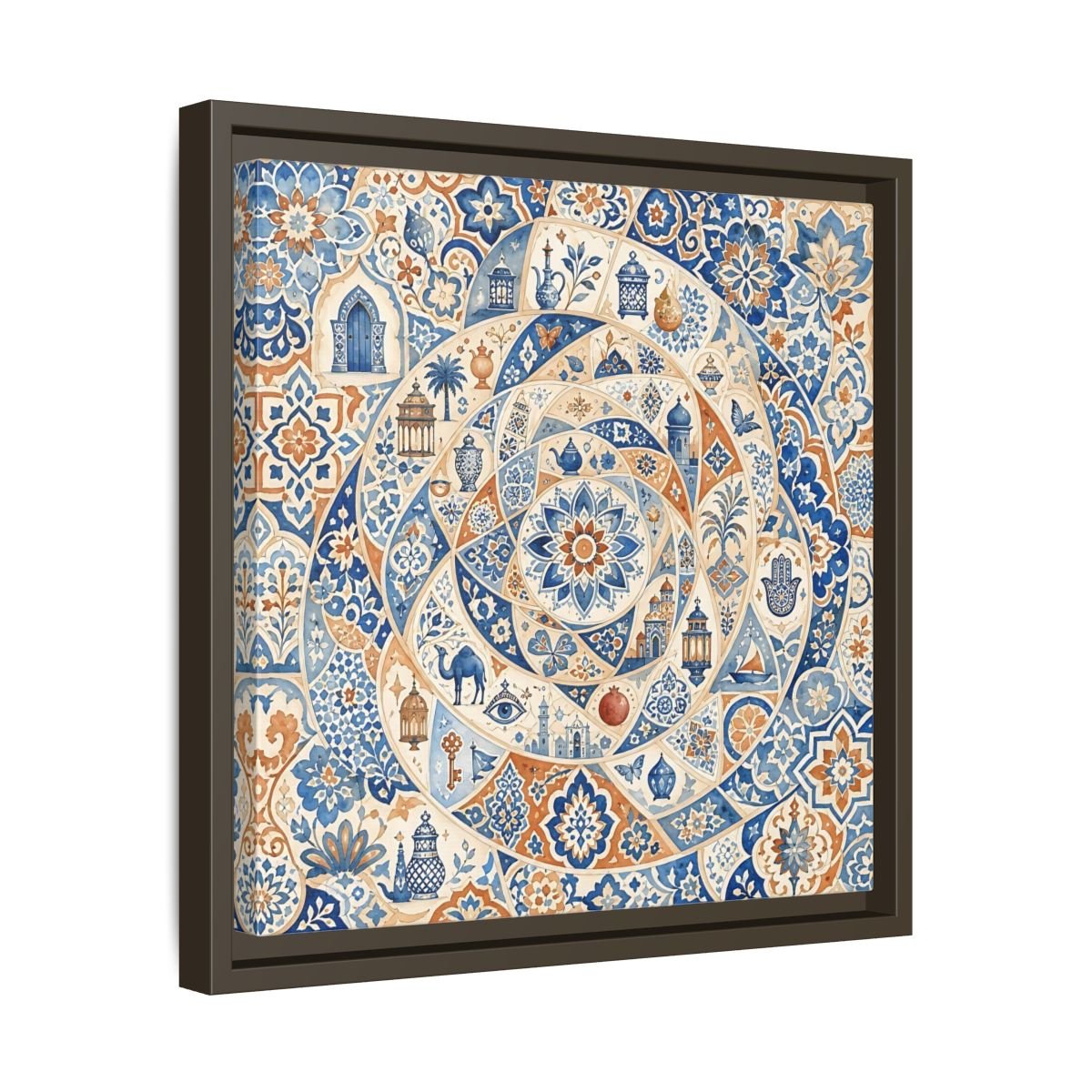 Abstract Moroccan Motifs Blue And Orange Framed Canvas Print Wall Art – Living Room Decor, Above Fireplace - YesArtYes