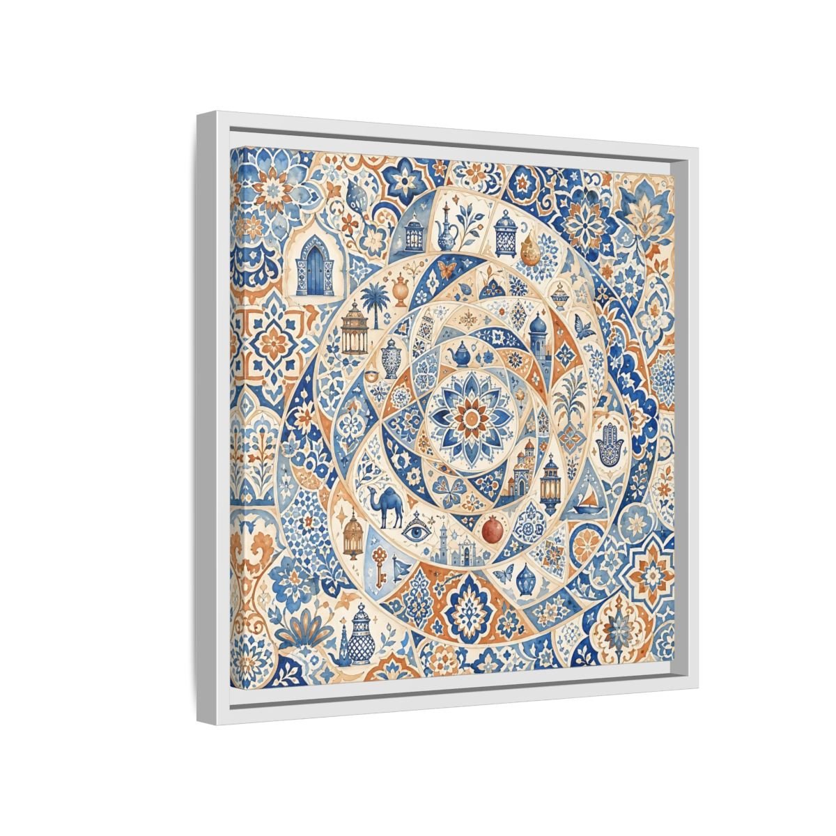 Abstract Moroccan Motifs Blue And Orange Framed Canvas Print Wall Art – Living Room Decor, Above Fireplace - YesArtYes