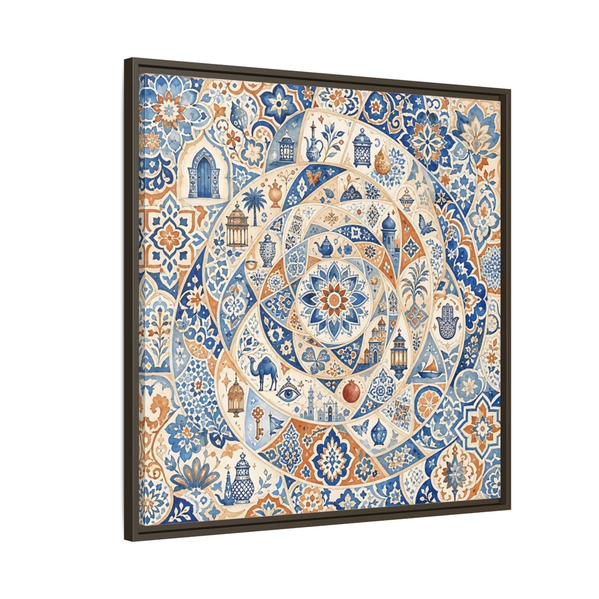 Abstract Moroccan Motifs Blue And Orange Framed Canvas Print Wall Art – Living Room Decor, Above Fireplace - YesArtYes