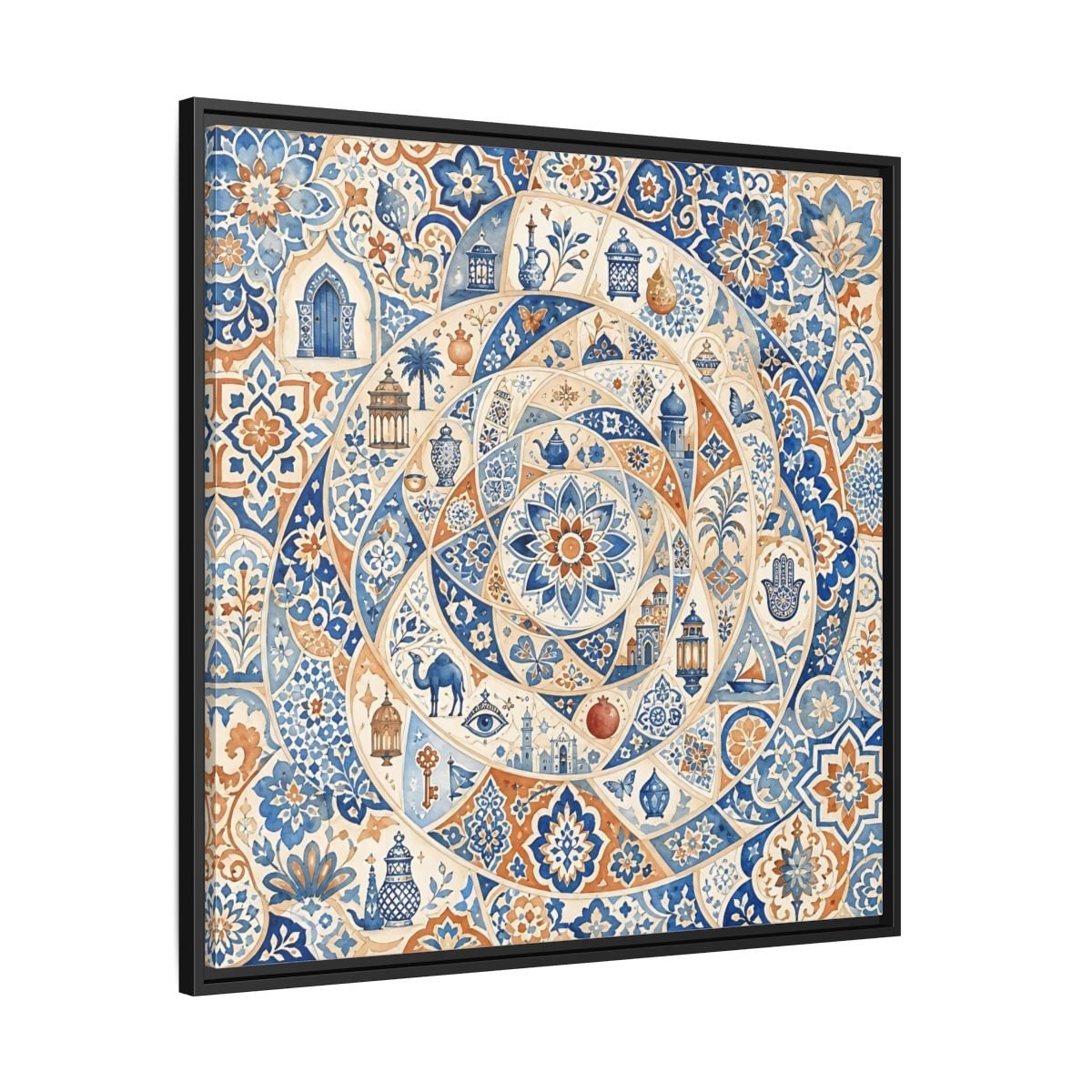 Abstract Moroccan Motifs Blue And Orange Framed Canvas Print Wall Art – Living Room Decor, Above Fireplace - YesArtYes