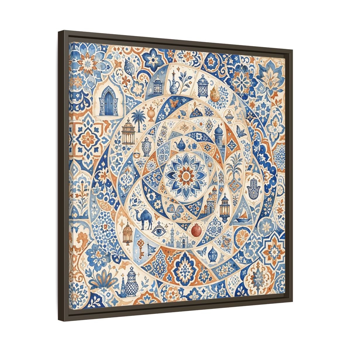 Abstract Moroccan Motifs Blue And Orange Framed Canvas Print Wall Art – Living Room Decor, Above Fireplace - YesArtYes