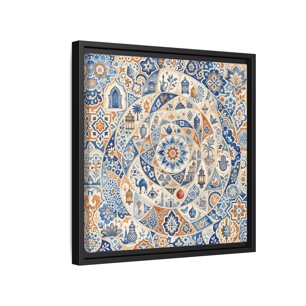 Abstract Moroccan Motifs Blue And Orange Framed Canvas Print Wall Art – Living Room Decor, Above Fireplace - YesArtYes