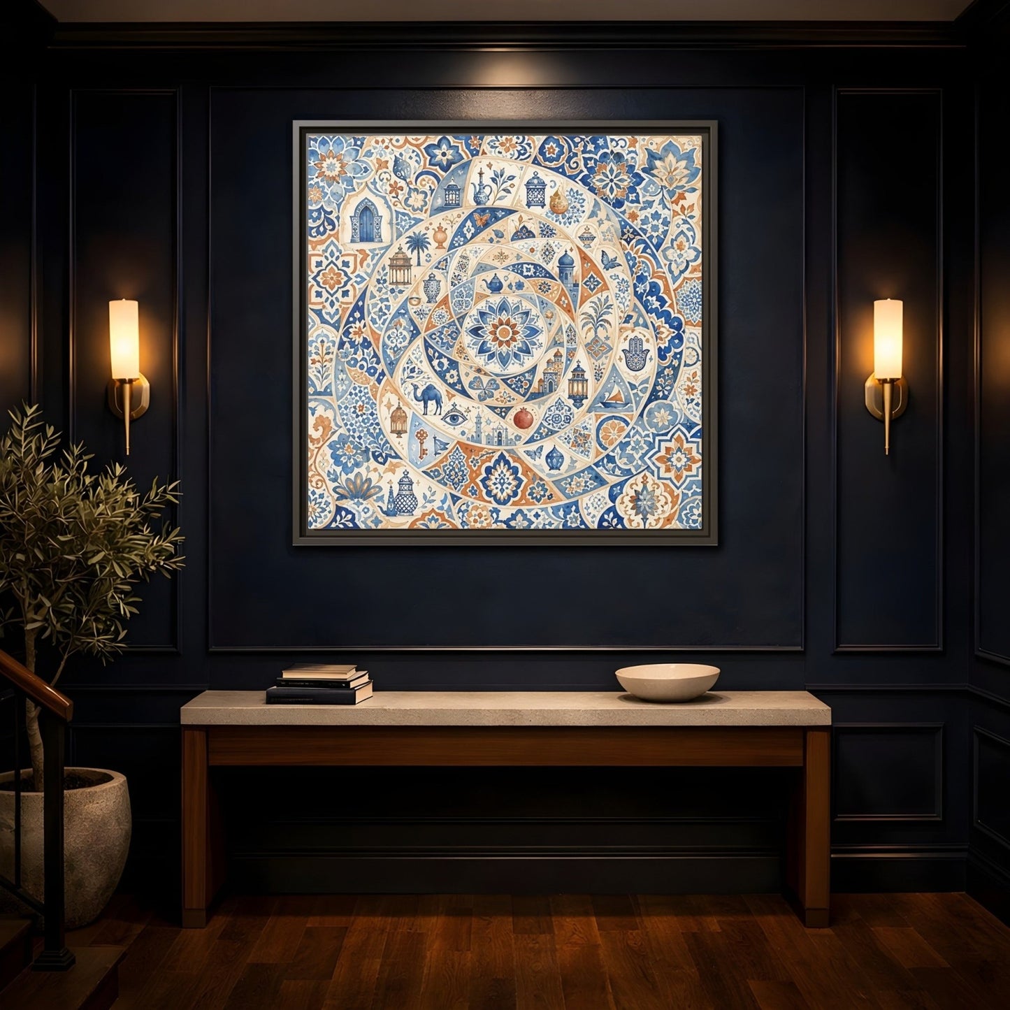 Abstract Moroccan Motifs Blue And Orange Framed Canvas Print Wall Art – Living Room Decor, Above Fireplace - YesArtYes