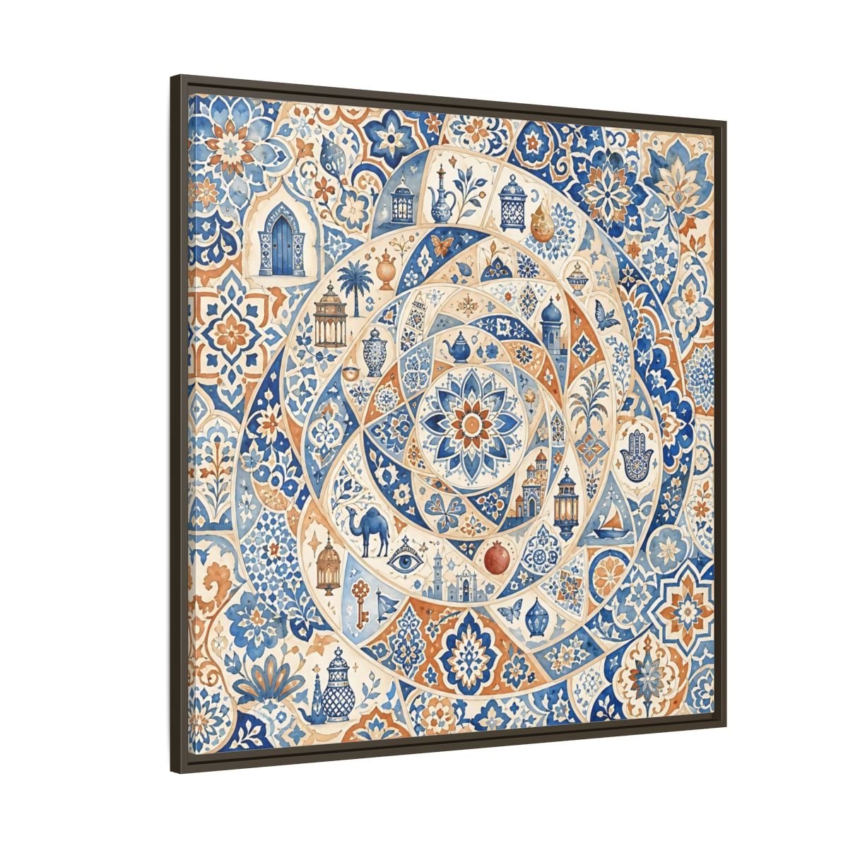 Abstract Moroccan Motifs Blue And Orange Framed Canvas Print Wall Art – Living Room Decor, Above Fireplace - YesArtYes
