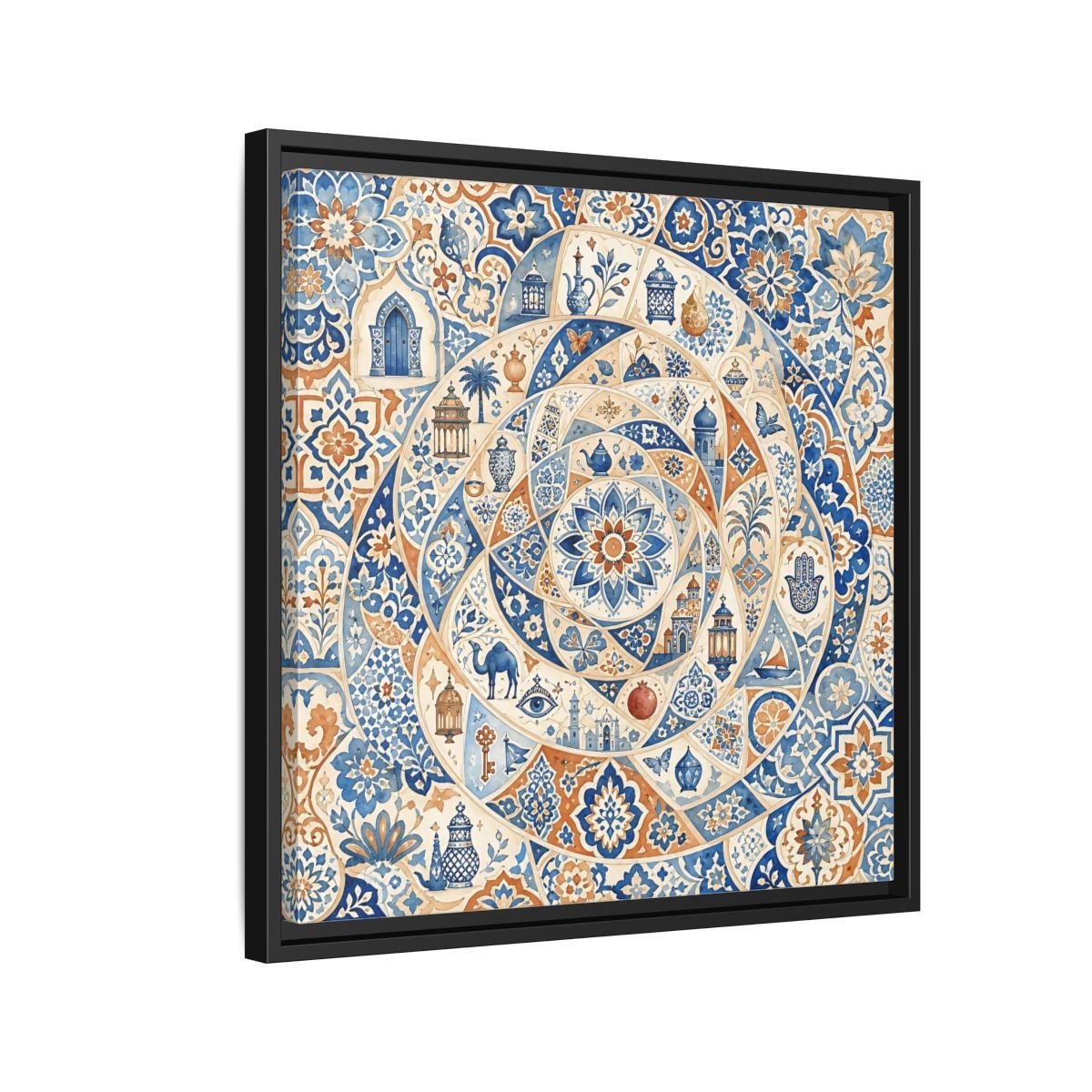 Abstract Moroccan Motifs Blue And Orange Framed Canvas Print Wall Art – Living Room Decor, Above Fireplace - YesArtYes