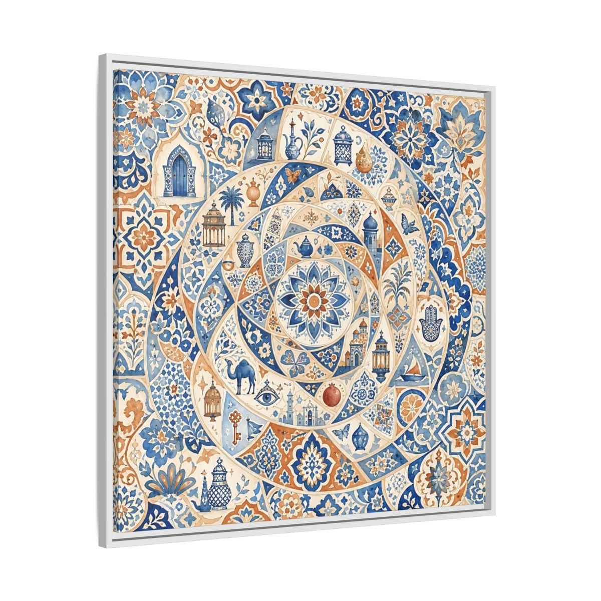 Abstract Moroccan Motifs Blue And Orange Framed Canvas Print Wall Art – Living Room Decor, Above Fireplace - YesArtYes