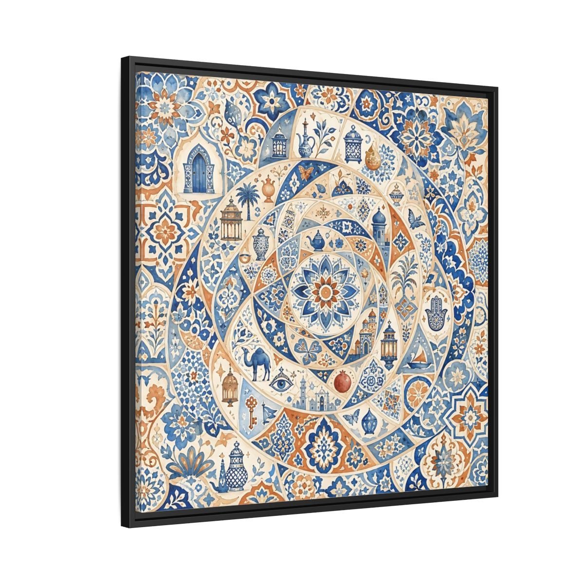 Abstract Moroccan Motifs Blue And Orange Framed Canvas Print Wall Art – Living Room Decor, Above Fireplace - YesArtYes