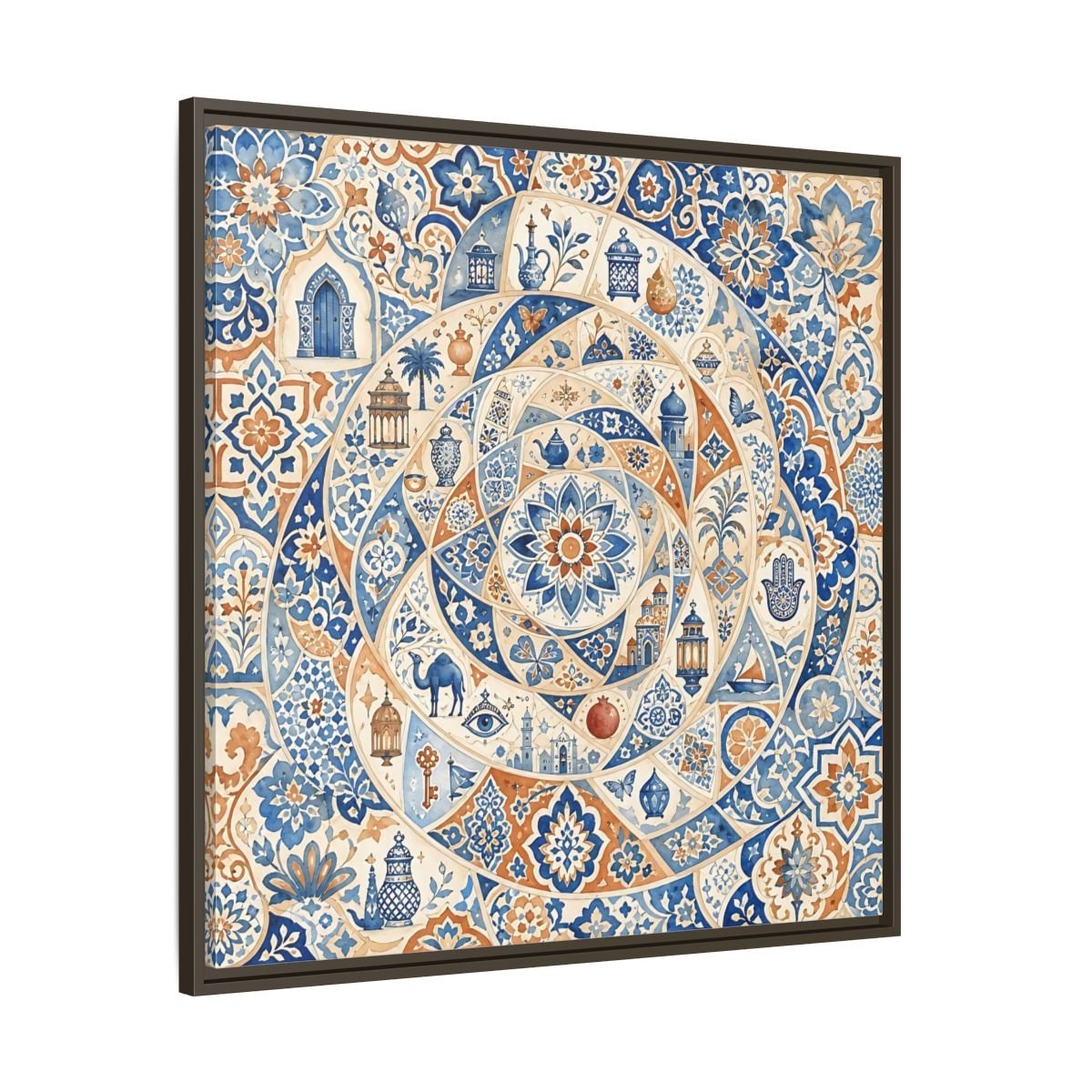 Abstract Moroccan Motifs Blue And Orange Framed Canvas Print Wall Art – Living Room Decor, Above Fireplace - YesArtYes