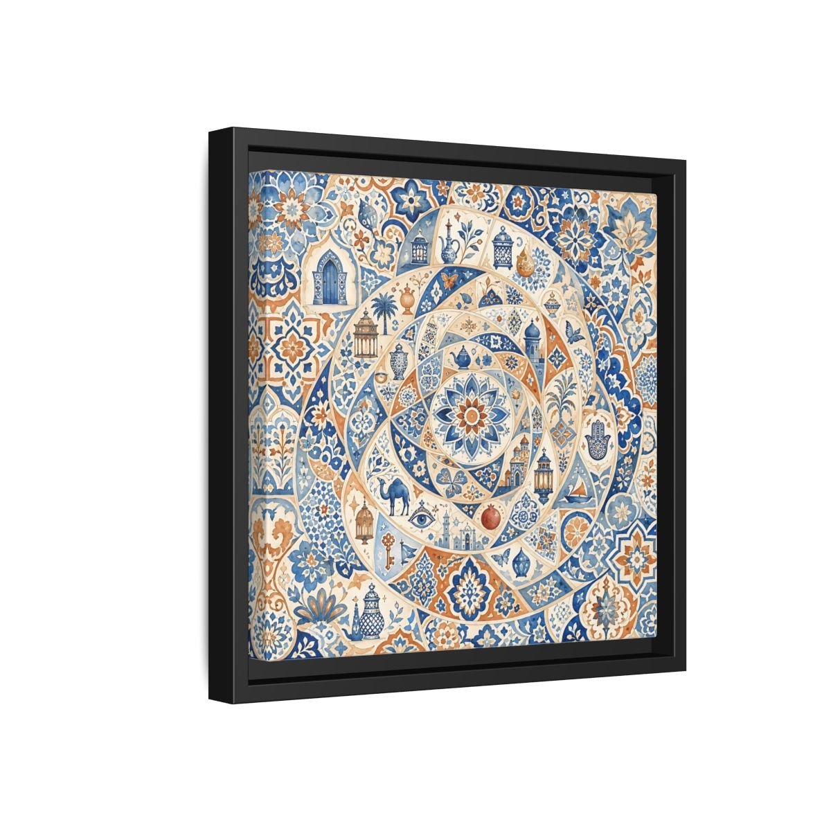 Abstract Moroccan Motifs Blue And Orange Framed Canvas Print Wall Art – Living Room Decor, Above Fireplace - YesArtYes