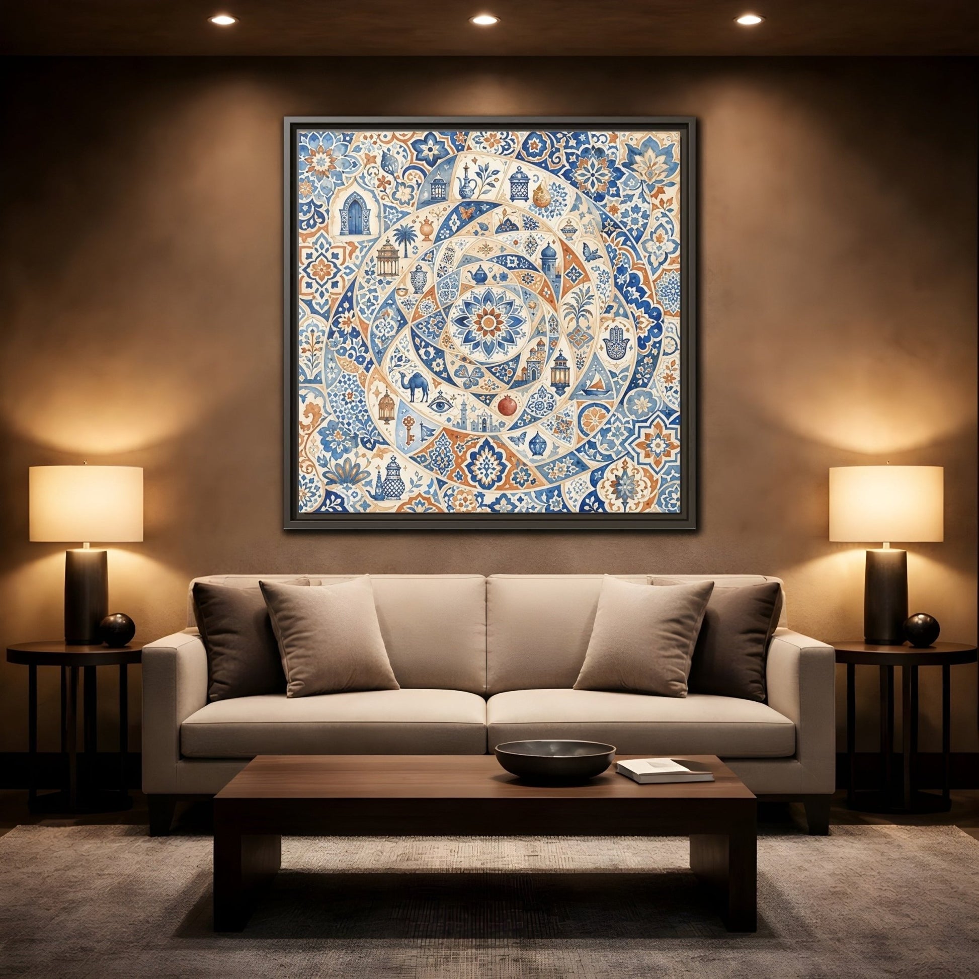 Abstract Moroccan Motifs Blue And Orange Framed Canvas Print Wall Art – Living Room Decor, Above Fireplace - YesArtYes