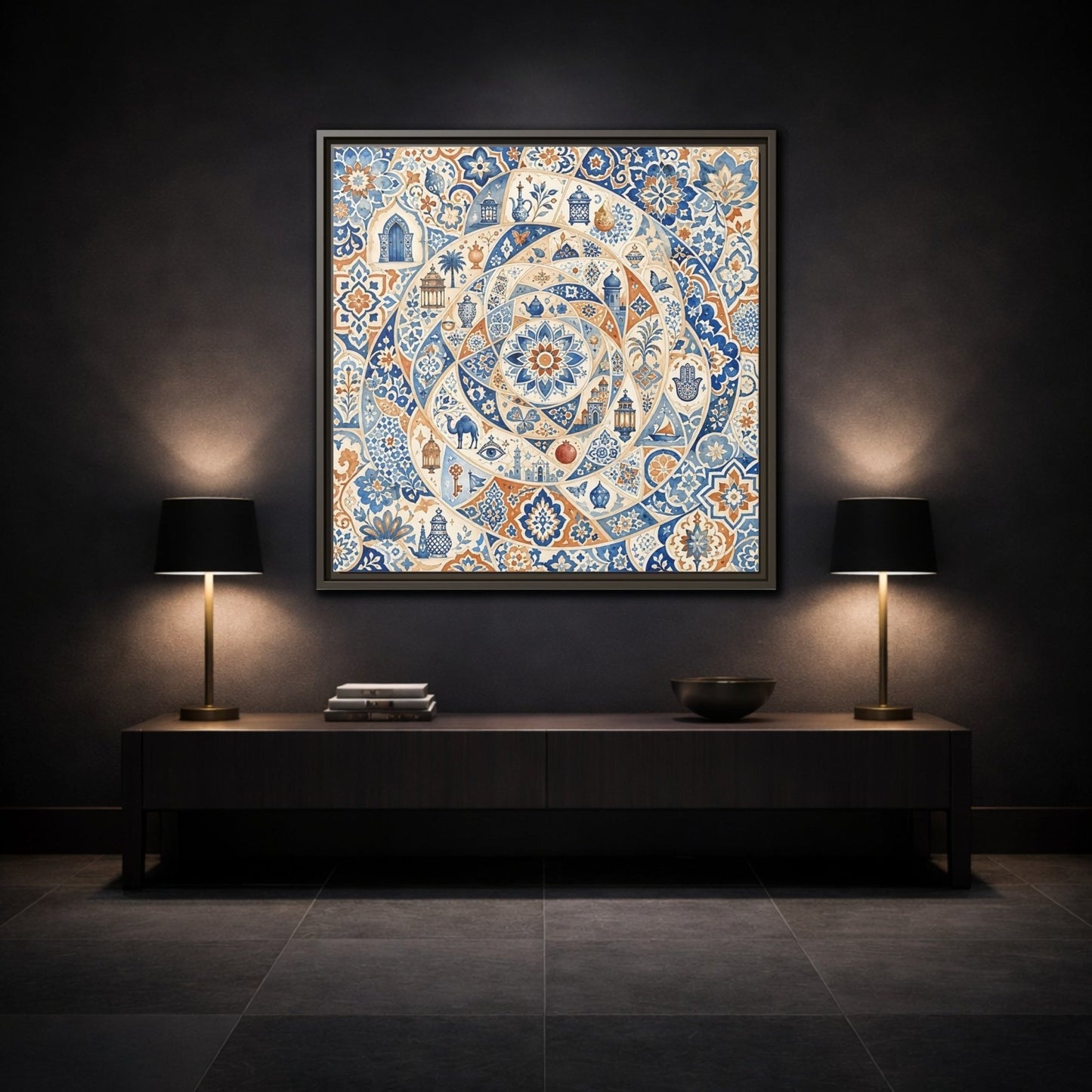 Abstract Moroccan Motifs Blue And Orange Framed Canvas Print Wall Art – Living Room Decor, Above Fireplace - YesArtYes