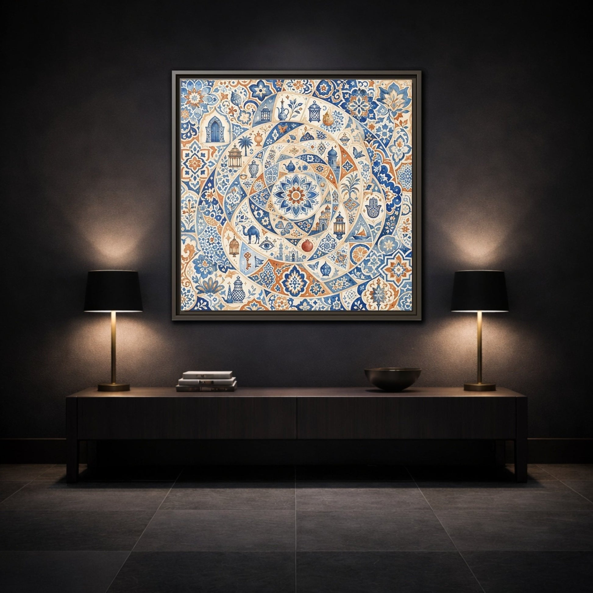 Abstract Moroccan Motifs Blue And Orange Framed Canvas Print Wall Art – Living Room Decor, Above Fireplace - YesArtYes
