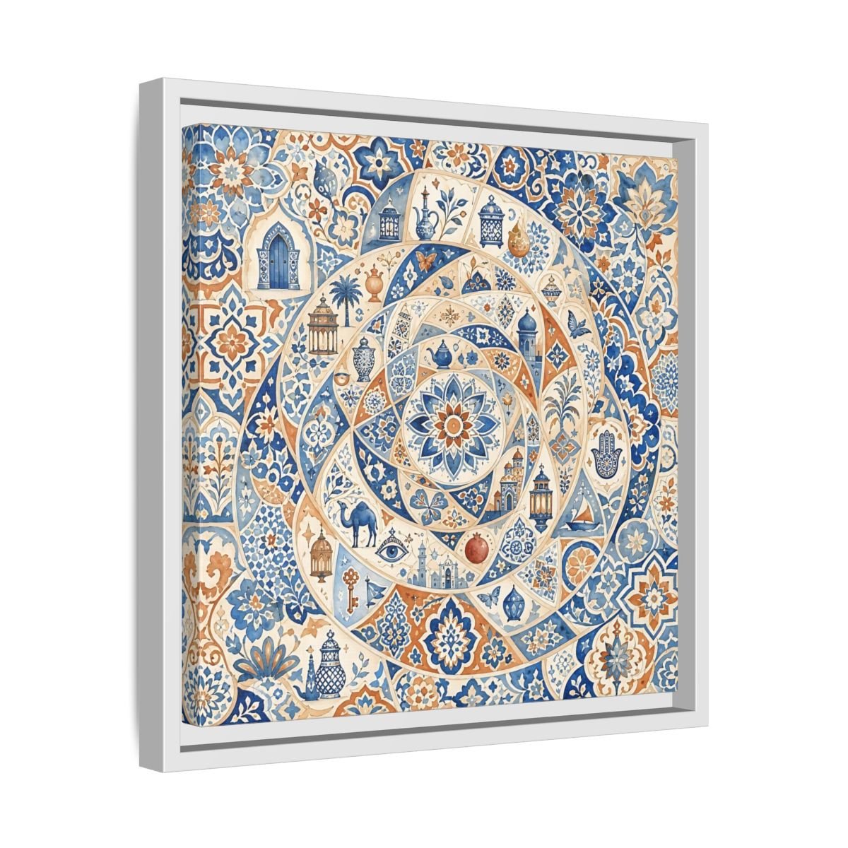 Abstract Moroccan Motifs Blue And Orange Framed Canvas Print Wall Art – Living Room Decor, Above Fireplace - YesArtYes