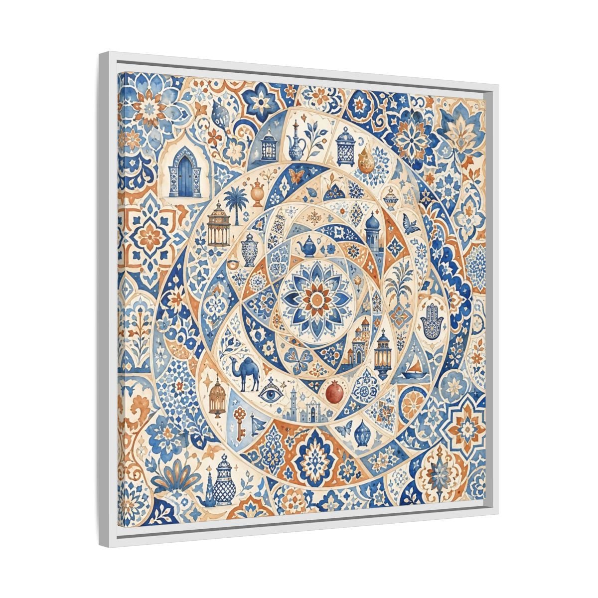 Abstract Moroccan Motifs Blue And Orange Framed Canvas Print Wall Art – Living Room Decor, Above Fireplace - YesArtYes
