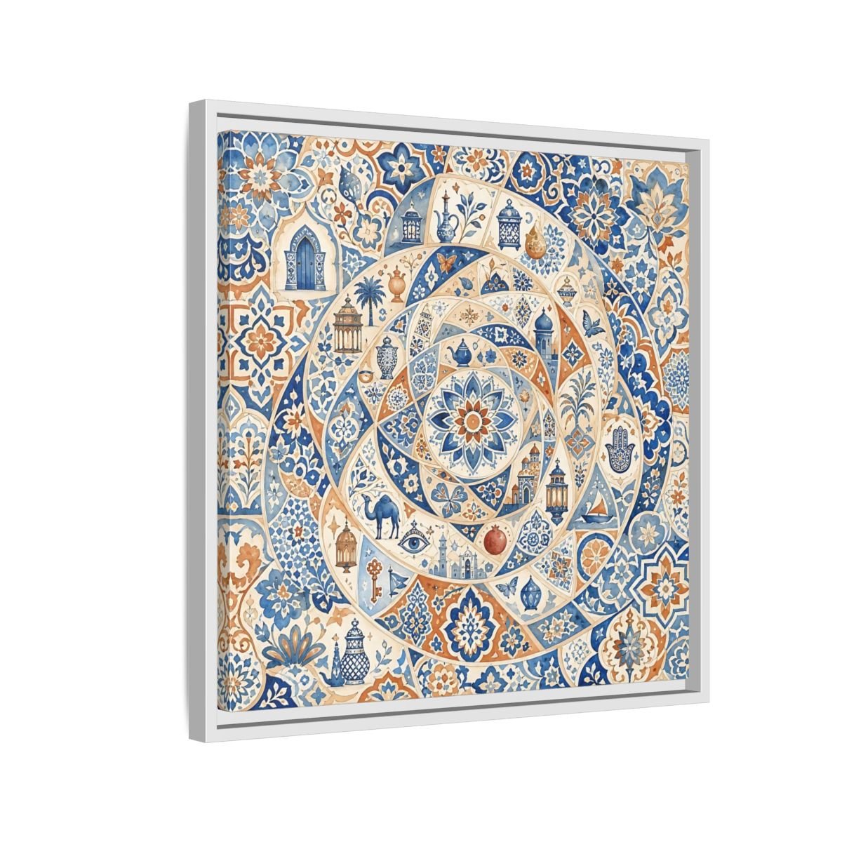 Abstract Moroccan Motifs Blue And Orange Framed Canvas Print Wall Art – Living Room Decor, Above Fireplace - YesArtYes