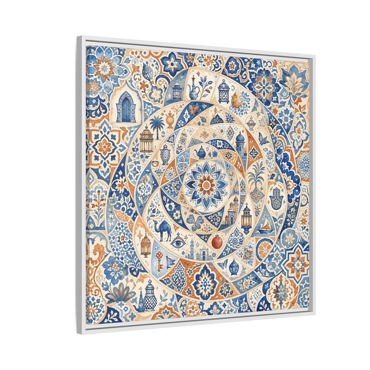 Abstract Moroccan Motifs Blue And Orange Framed Canvas Print Wall Art – Living Room Decor, Above Fireplace - YesArtYes