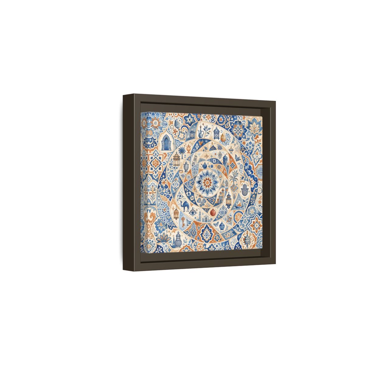 Side Mockup 2. Abstract Moroccan Motifs Blue And Orange shown as framed canvas print
