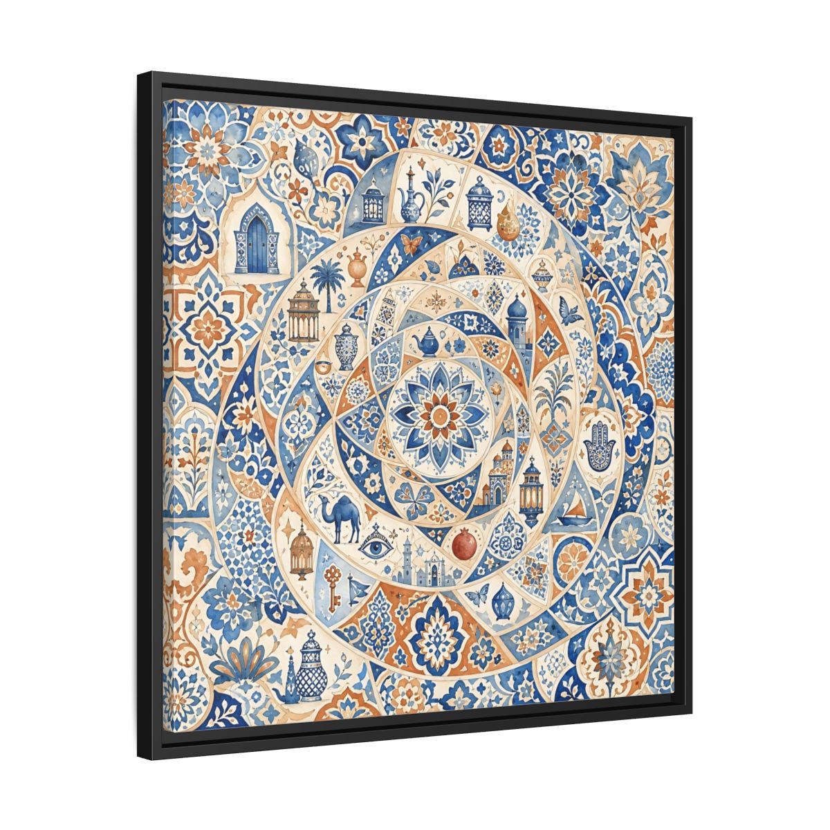 Side Mockup 31. Abstract Moroccan Motifs Blue And Orange shown as framed canvas print