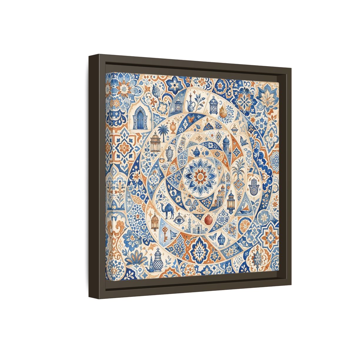 Side Mockup 17. Abstract Moroccan Motifs Blue And Orange shown as framed canvas print