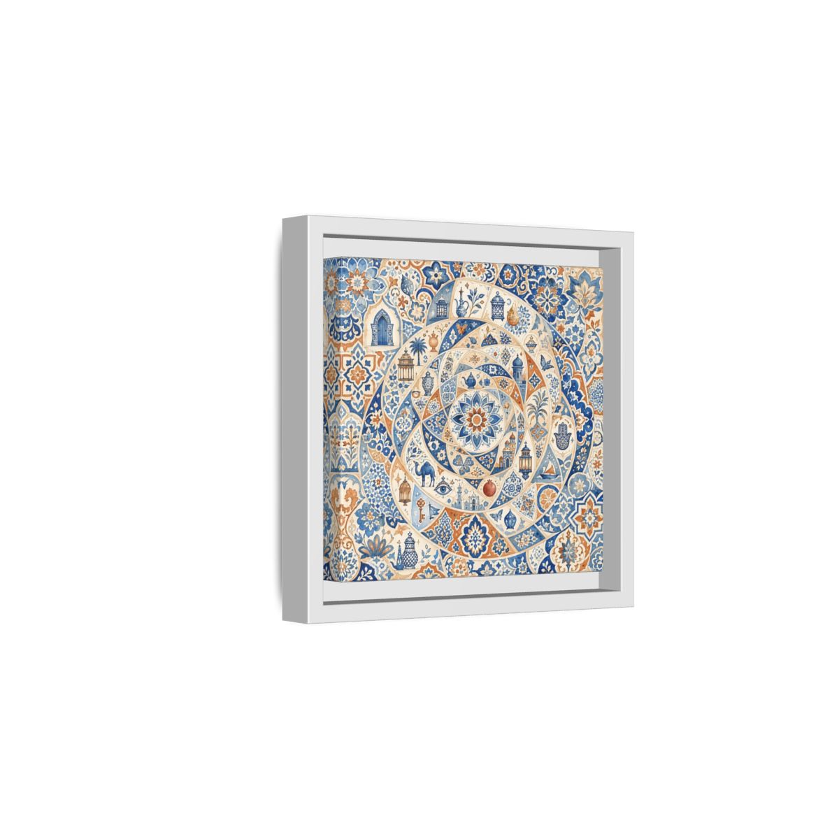 Side Mockup 1. Abstract Moroccan Motifs Blue And Orange shown as framed canvas print