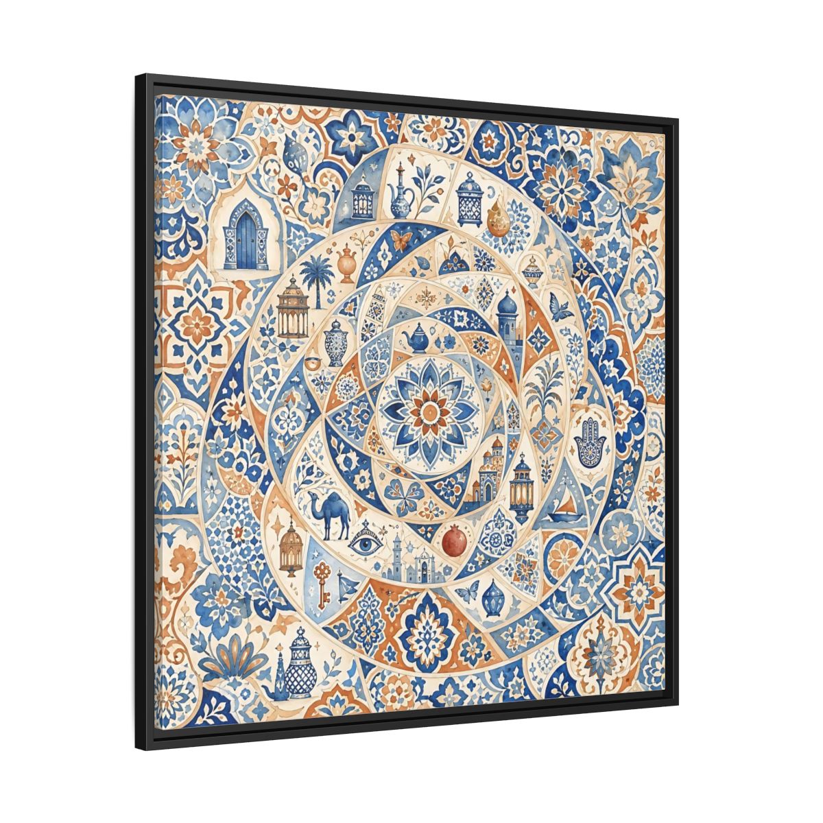 Side Mockup 30. Abstract Moroccan Motifs Blue And Orange shown as framed canvas print