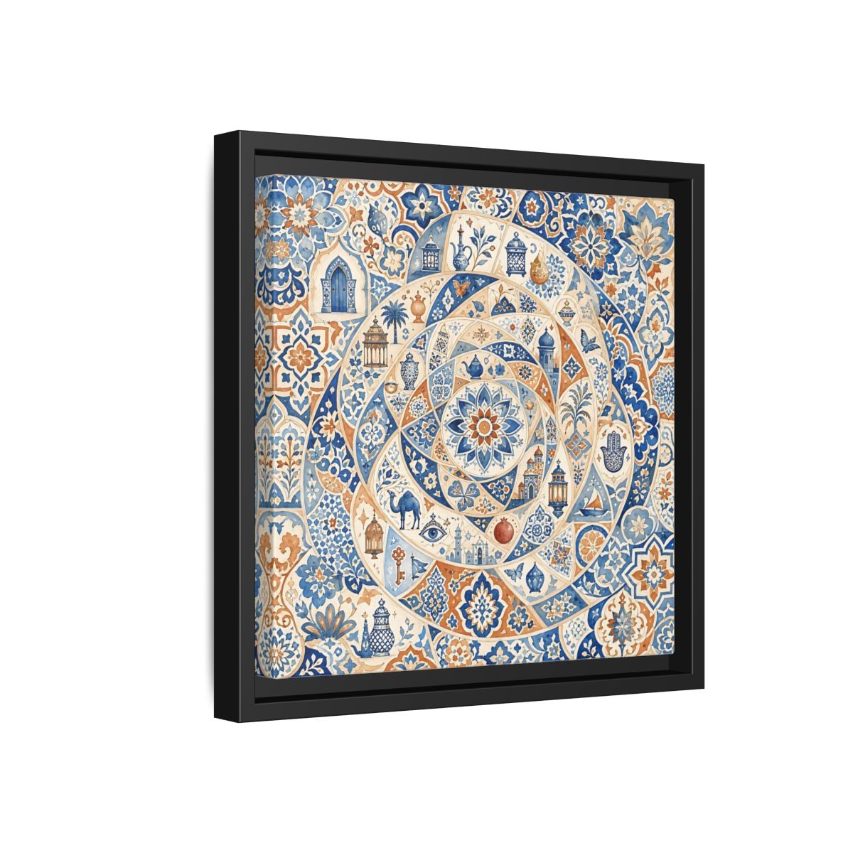Side Mockup 18. Abstract Moroccan Motifs Blue And Orange shown as framed canvas print