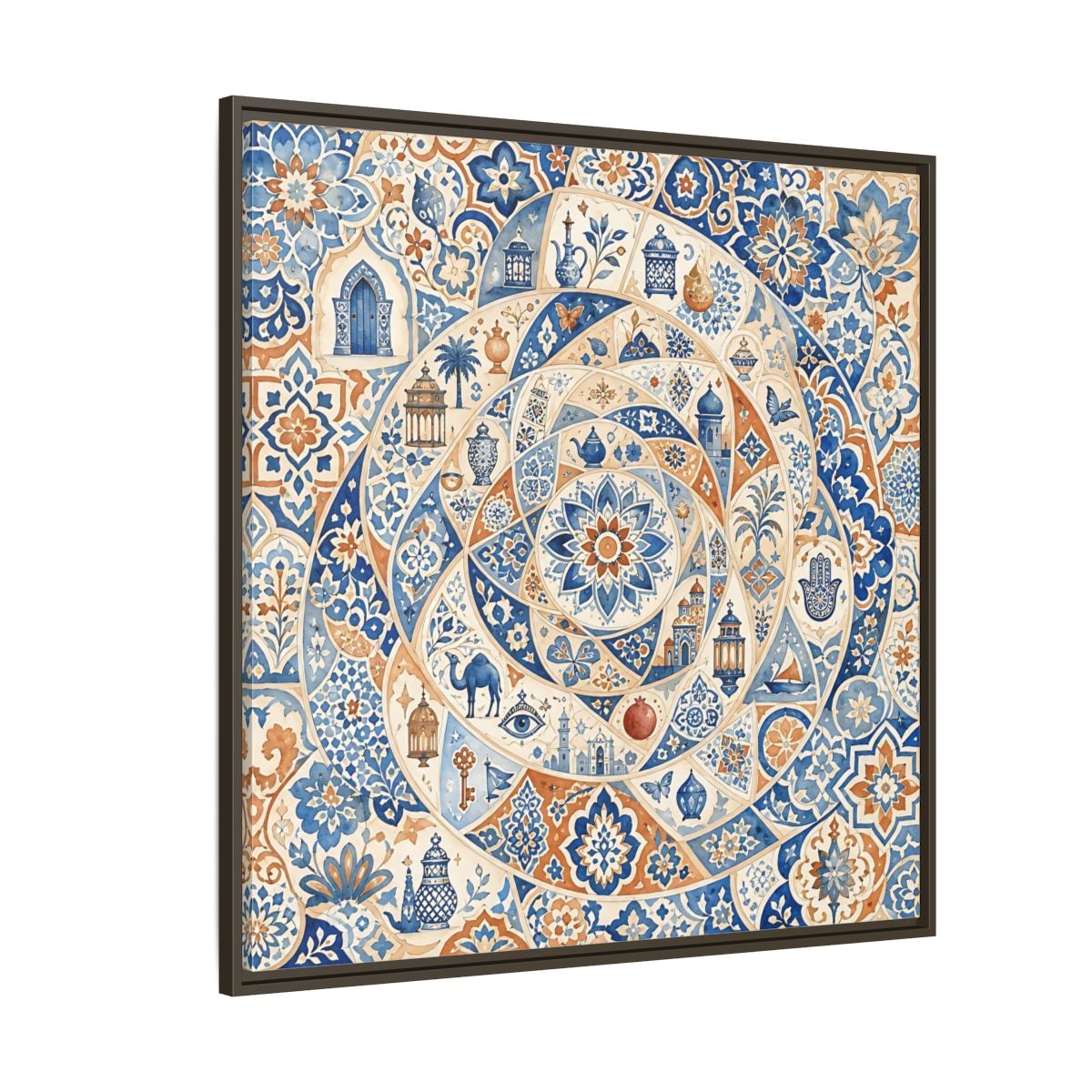 Side Mockup 5. Abstract Moroccan Motifs Blue And Orange shown as framed canvas print
