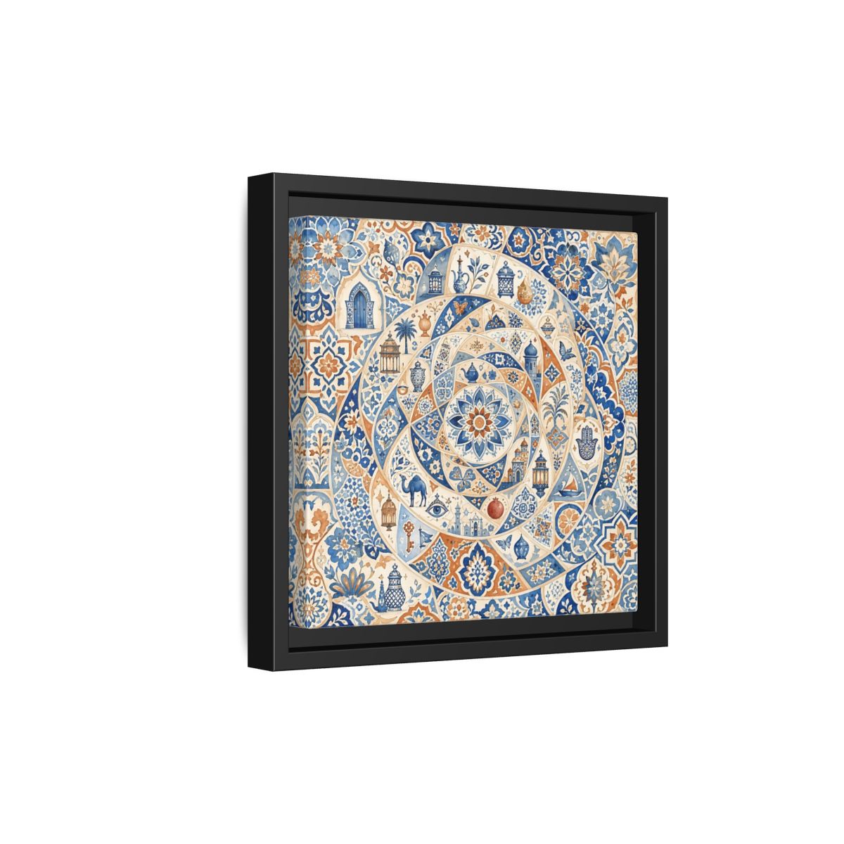 Side Mockup 21. Abstract Moroccan Motifs Blue And Orange shown as framed canvas print