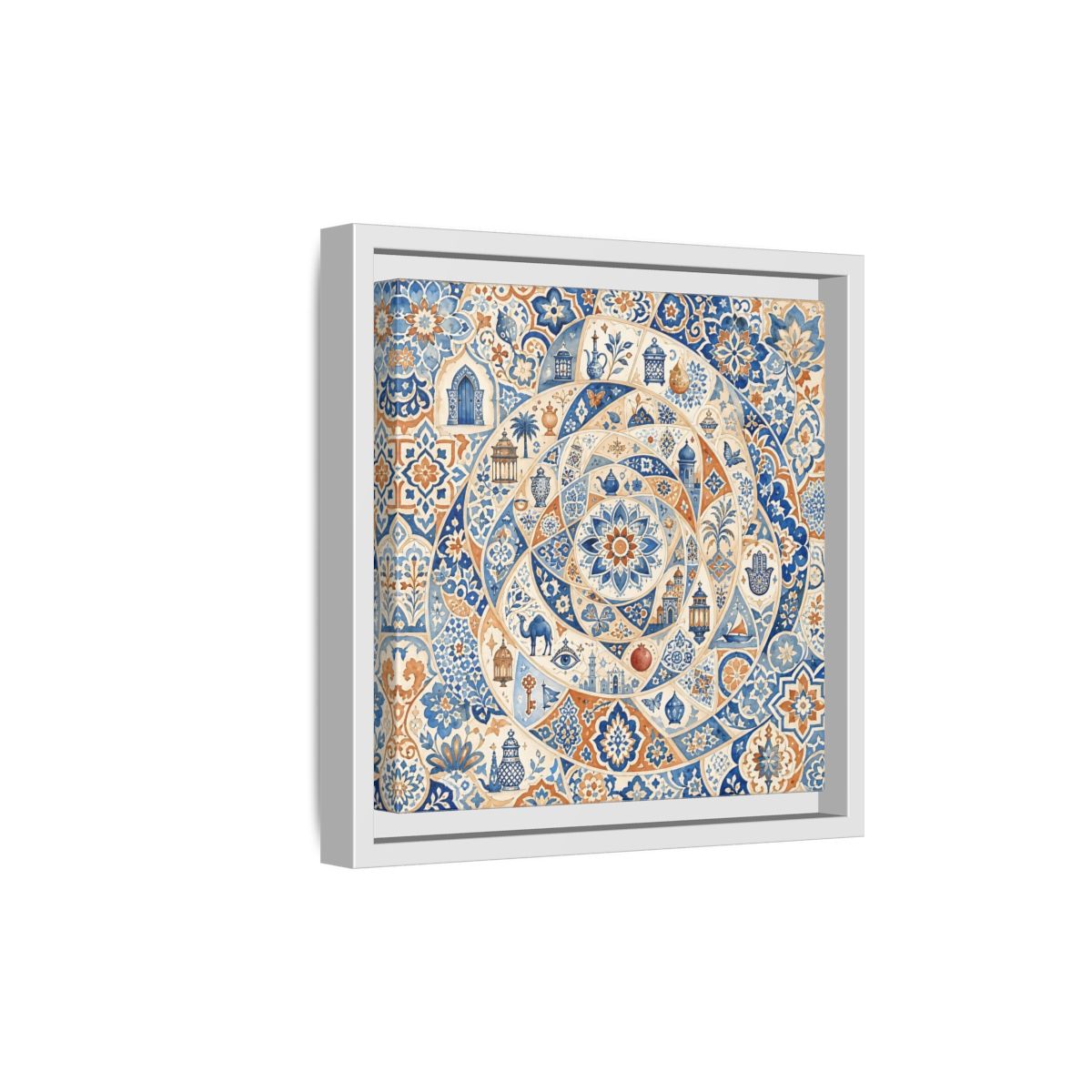 Side Mockup 19. Abstract Moroccan Motifs Blue And Orange shown as framed canvas print
