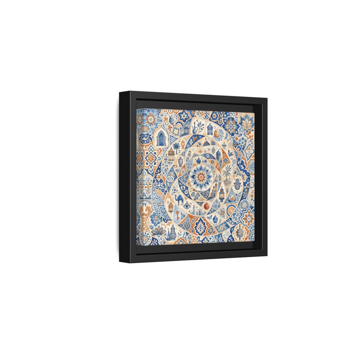 Side Mockup 3. Abstract Moroccan Motifs Blue And Orange shown as framed canvas print