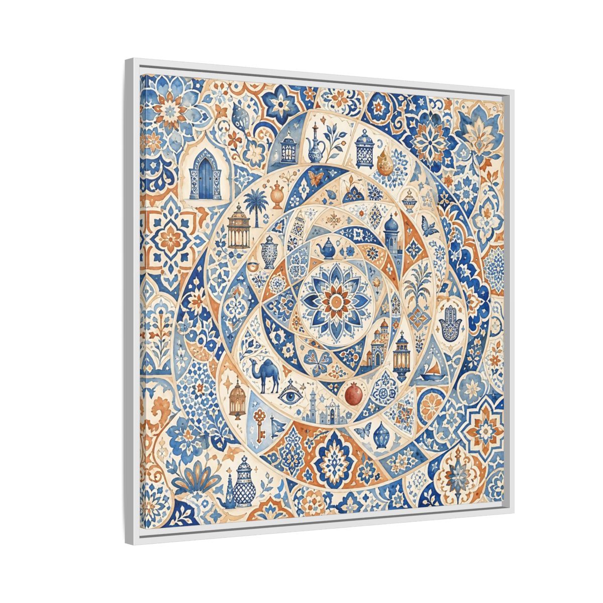 Side Mockup 7. Abstract Moroccan Motifs Blue And Orange shown as framed canvas print