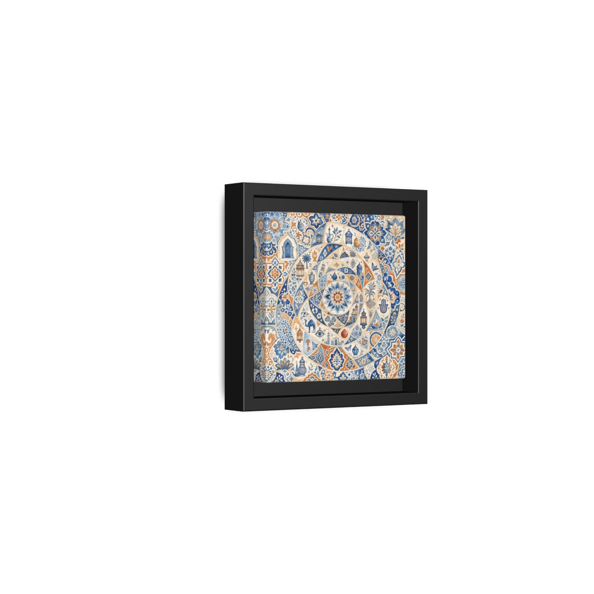 Side Mockup 24. Abstract Moroccan Motifs Blue And Orange shown as framed canvas print