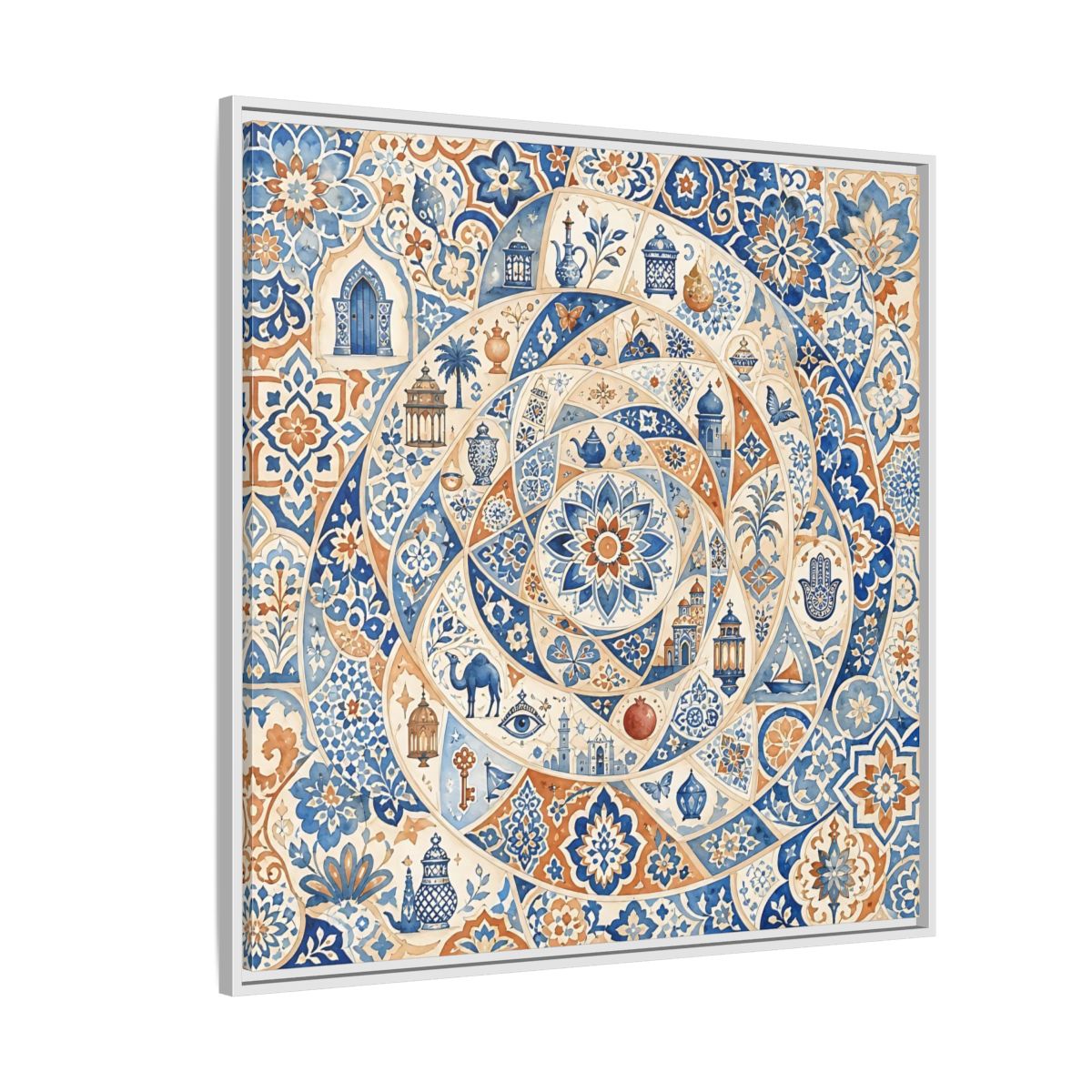 Side Mockup 4. Abstract Moroccan Motifs Blue And Orange shown as framed canvas print