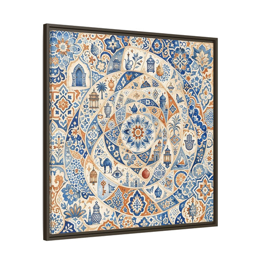 Main Mockup. Abstract Moroccan Motifs Blue And Orange shown as framed canvas print