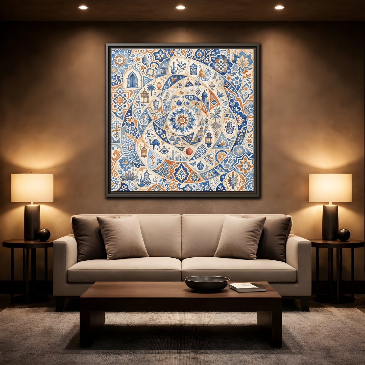 Mockup 2. Abstract Moroccan Motifs Blue And Orange shown as framed canvas print