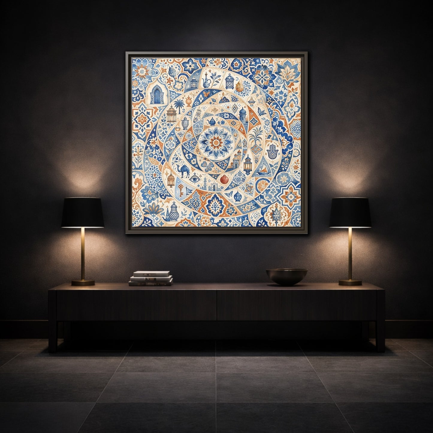 Mockup 3. Abstract Moroccan Motifs Blue And Orange shown as framed canvas print