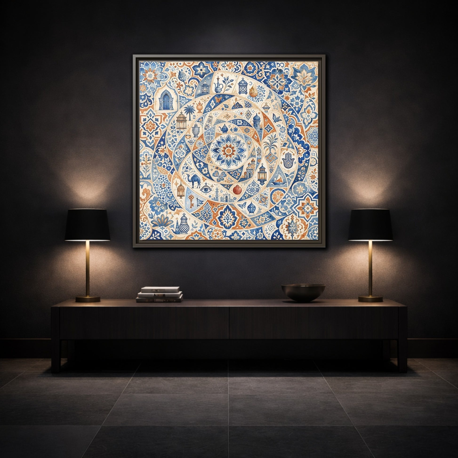 Mockup 3. Abstract Moroccan Motifs Blue And Orange shown as framed canvas print