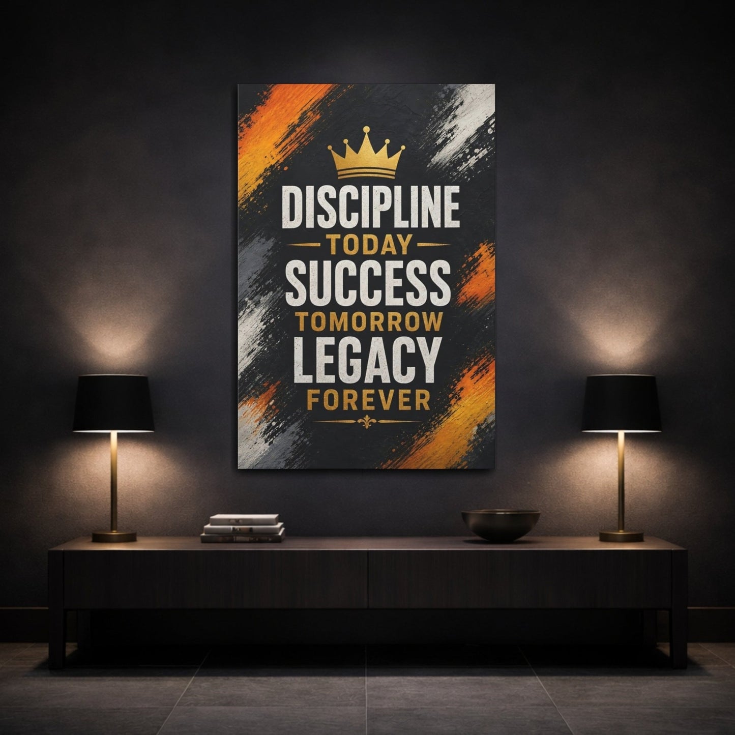 Abstract Motivational Quote Black Gold Orange Canvas Print – Modern Office, Feature Wall - YesArtYes