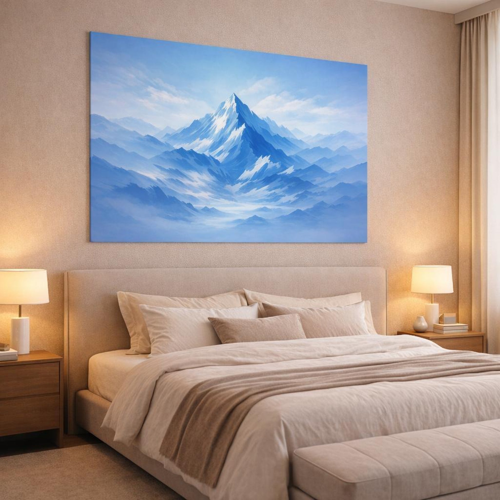 Abstract Mountain Blue shown as canvas wall art in a luxury bedroom