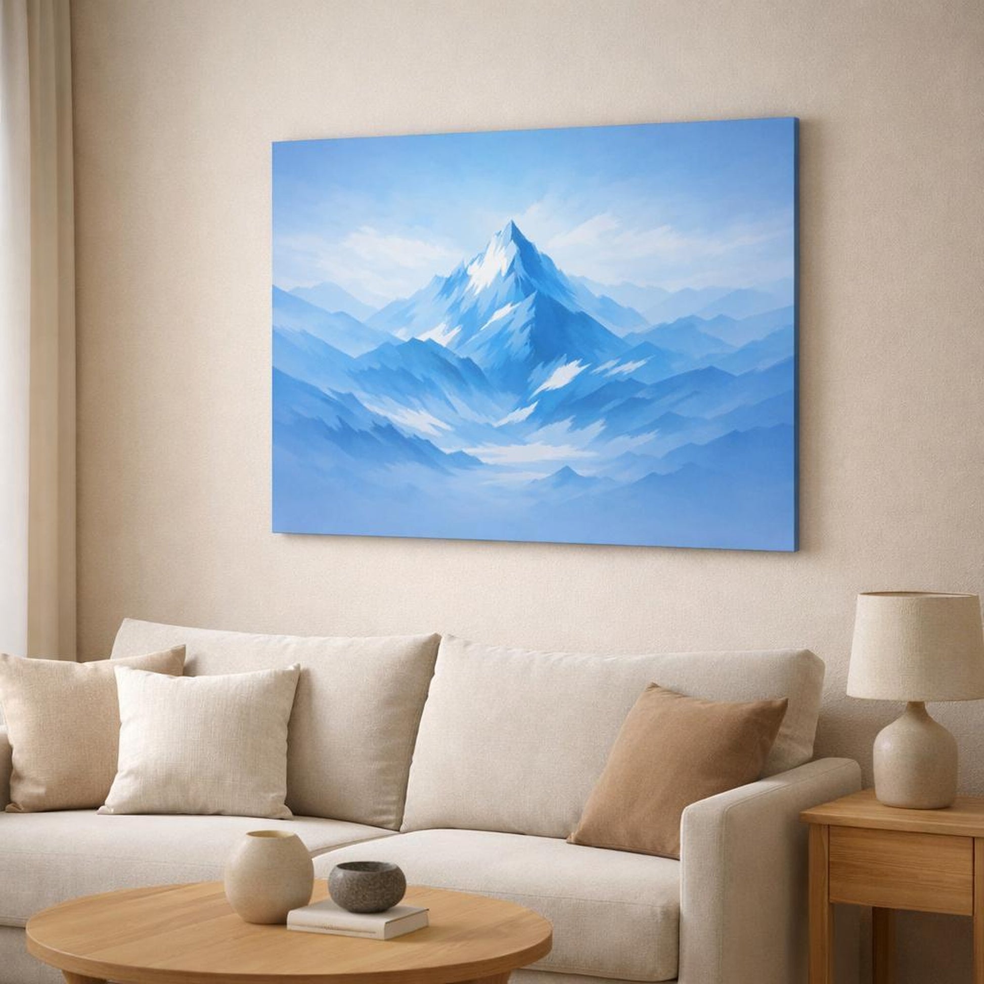 Abstract Mountain Blue shown as canvas wall art in a modern living room