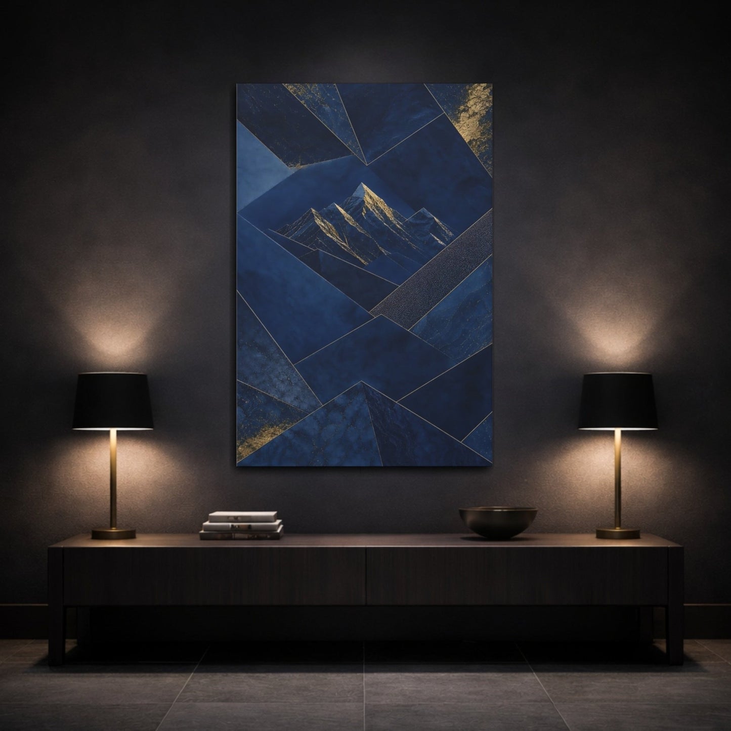 Abstract Mountains Blue And Gold Canvas Print – Living Room, Above Sofa - YesArtYes