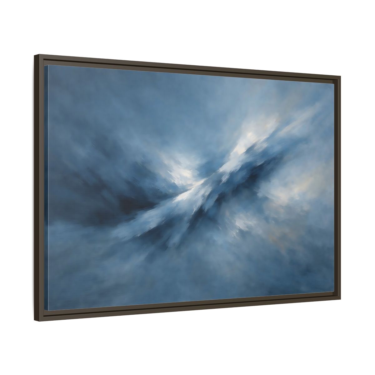 Side Mockup 9. Abstract Abstract Movement Blue And White shown as stretched canvas wall art
