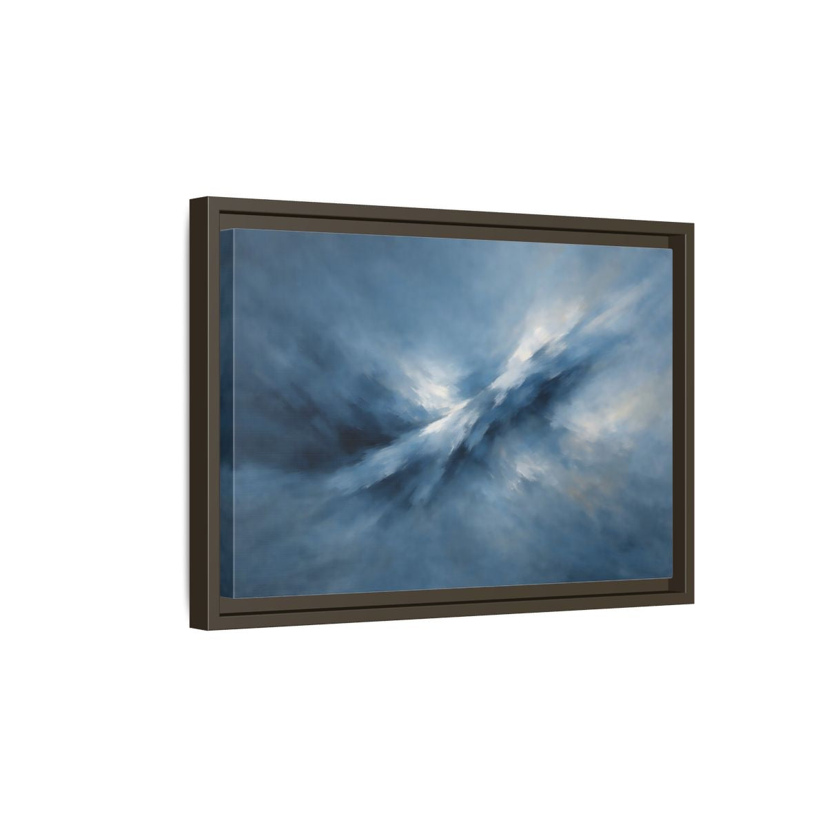 Side Mockup 5. Abstract Abstract Movement Blue And White shown as stretched canvas wall art