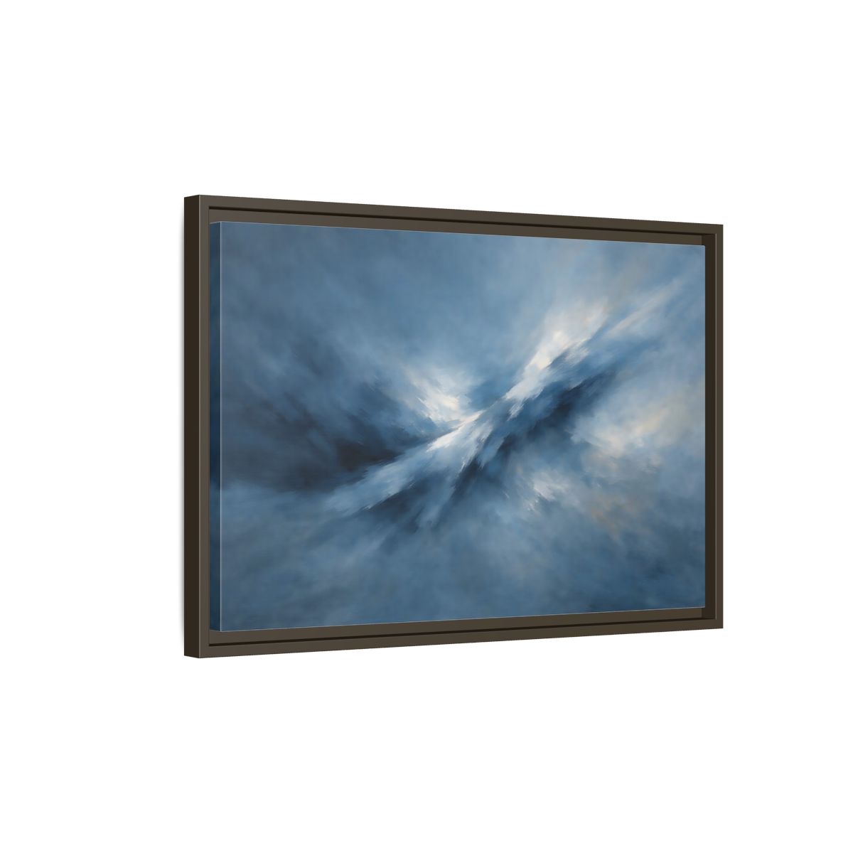 Side Mockup 2. Abstract Abstract Movement Blue And White shown as stretched canvas wall art