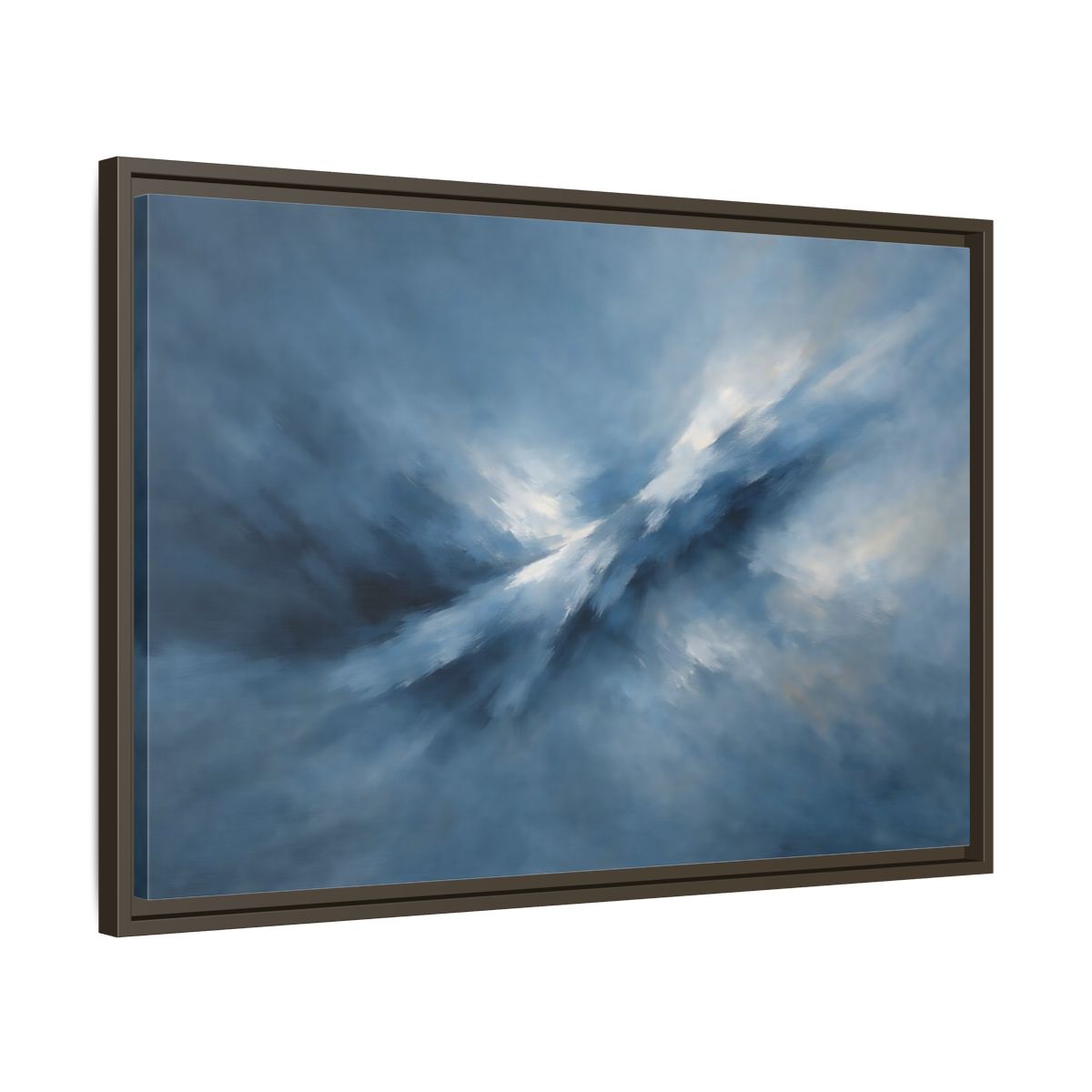 Side Mockup 11. Abstract Abstract Movement Blue And White shown as stretched canvas wall art