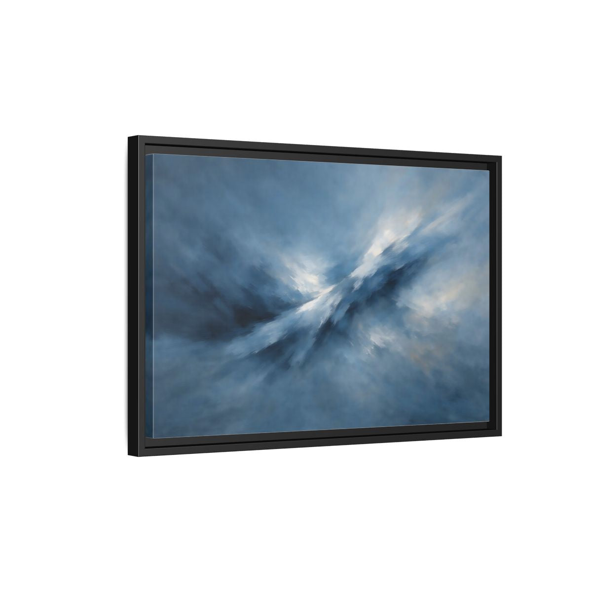 Side Mockup 3. Abstract Abstract Movement Blue And White shown as stretched canvas wall art