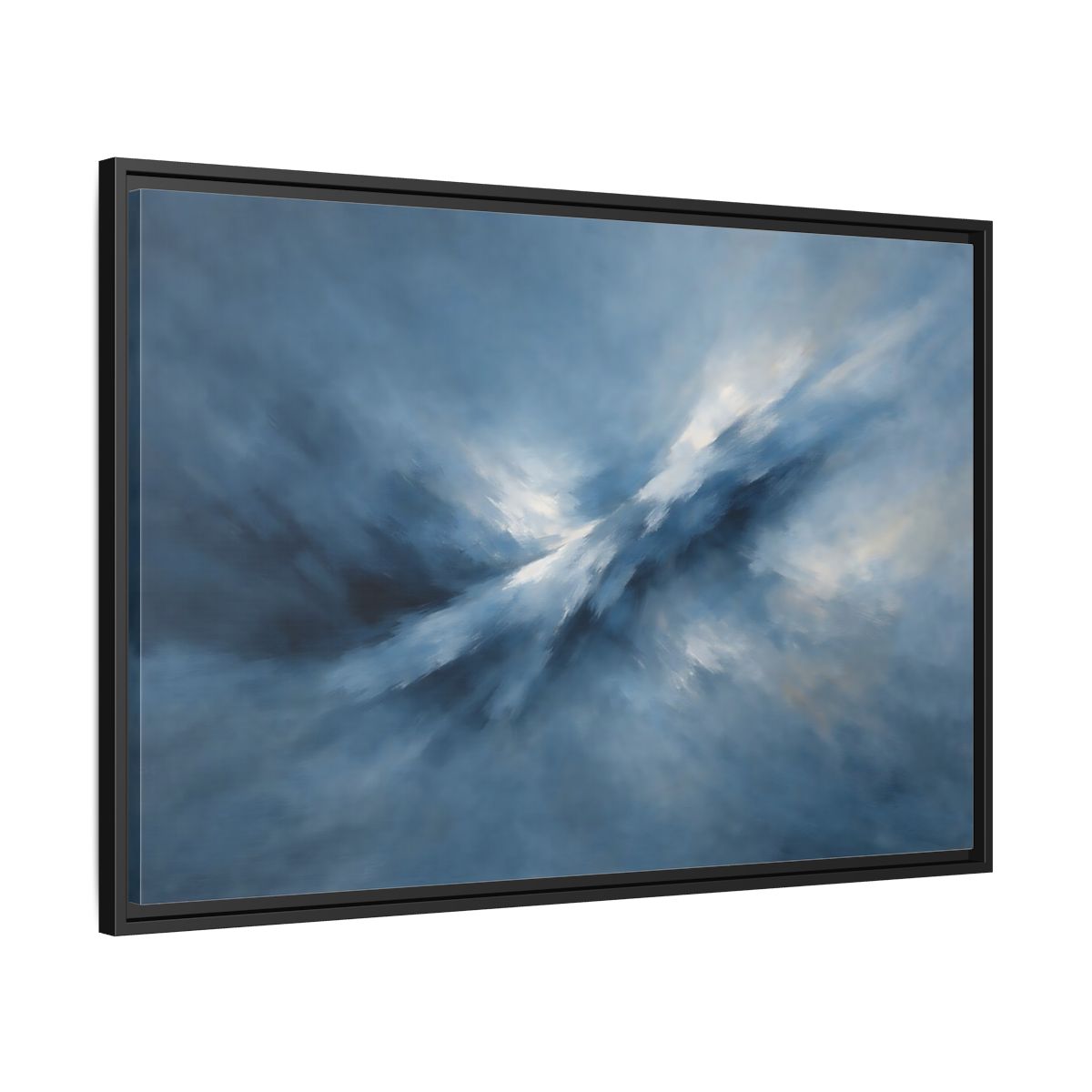 Side Mockup 13. Abstract Abstract Movement Blue And White shown as stretched canvas wall art