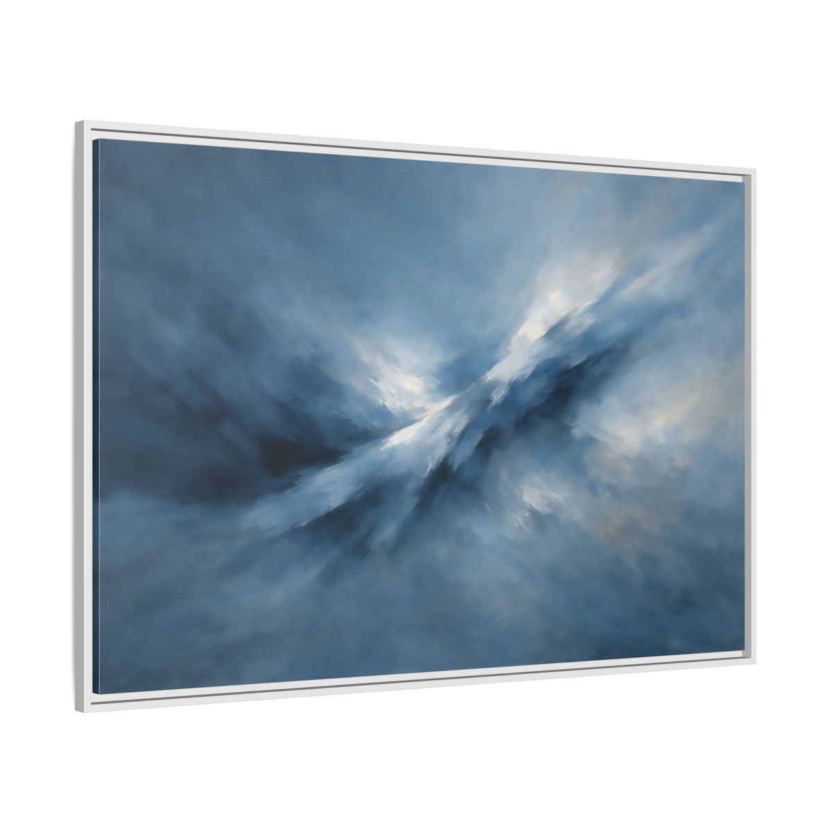 Side Mockup 7. Abstract Abstract Movement Blue And White shown as stretched canvas wall art